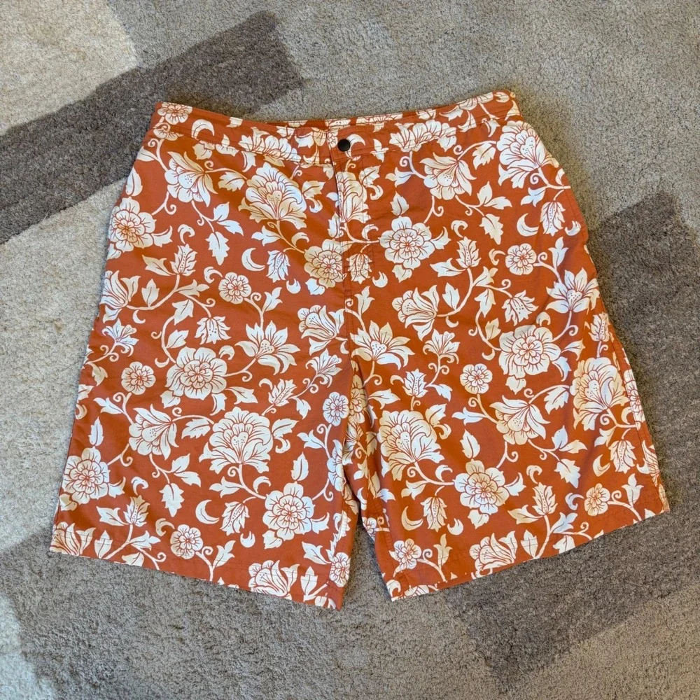 Caribbean Swimwear Mens Orange White Floral Hibiscus Board Shorts Swim Trunks L
